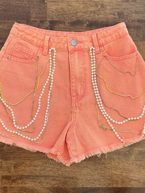 Peach Love California Coral Jean Shorts with Pearl & Chain Draping
